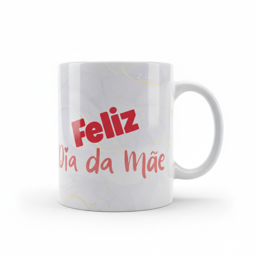 Caneca "Feliz Dia da Mãe" - fundo branco profissional
