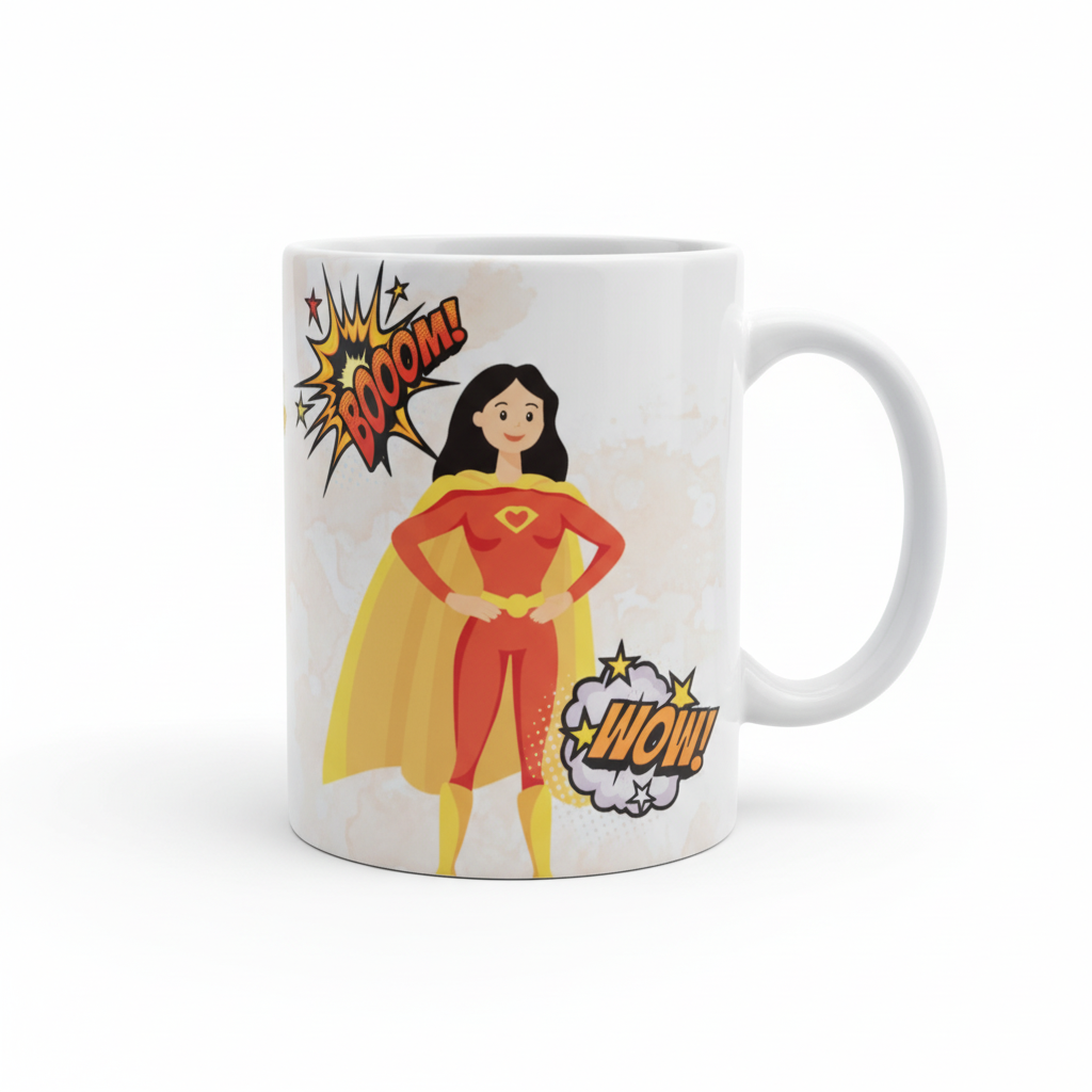 Caneca Super-Heroína BOOOM WOW - fundo branco profissional