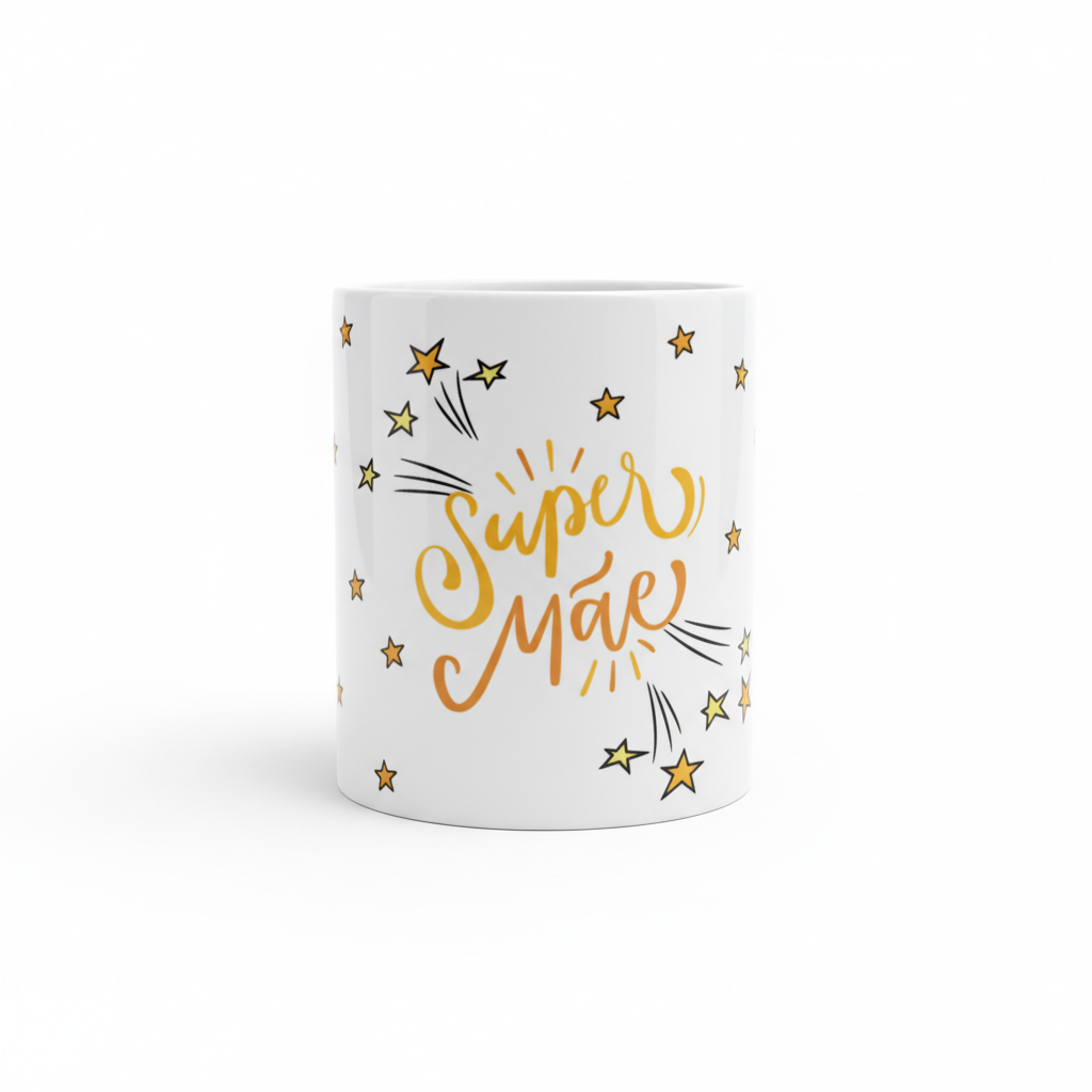 Caneca "Super Mãe" cursiva - fundo branco profissional