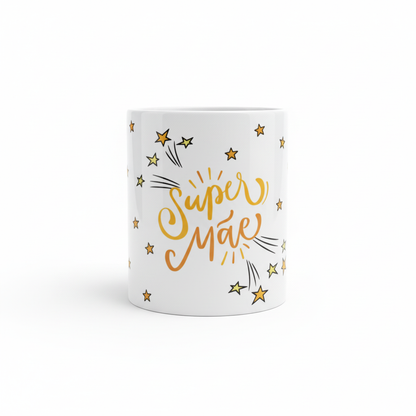 Caneca "Super Mãe" cursiva - fundo branco profissional
