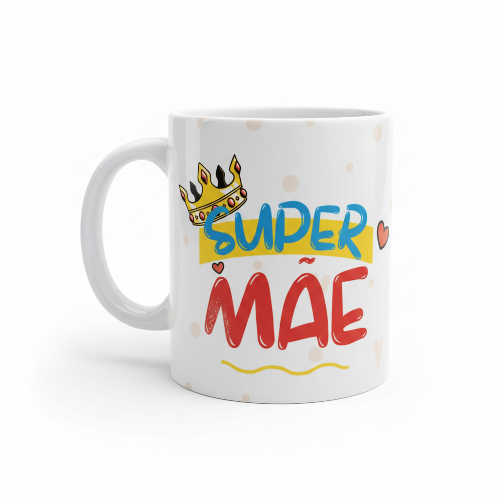 Caneca "Super Mãe" - fundo branco profissional