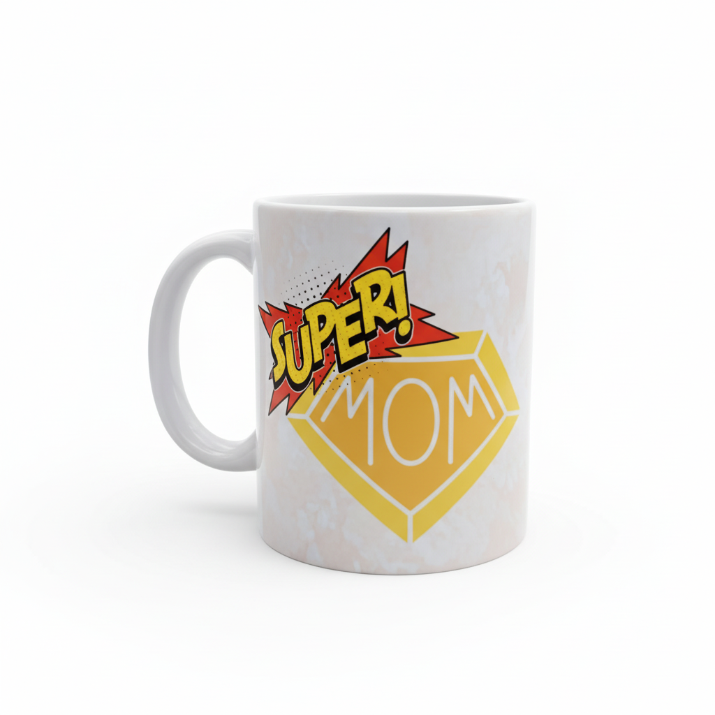 Caneca "Super Mom" - fundo branco profissional