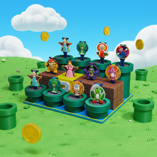 Suporte Super Mario com fundo Mushroom Kingdom